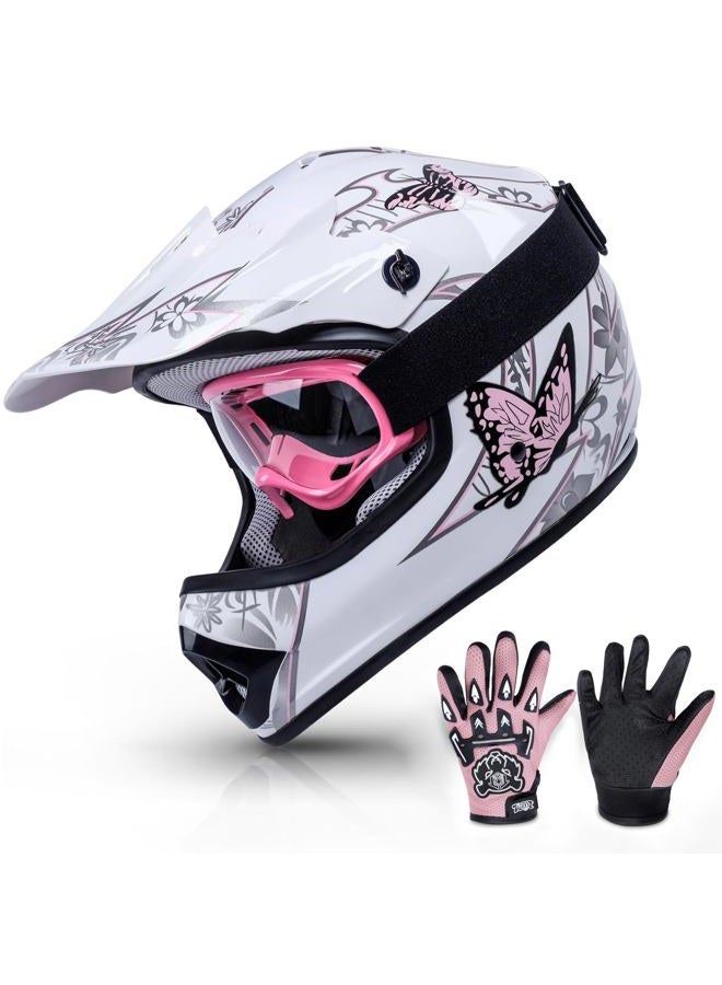 TCMT Dot Youth & Kids Motocross Offroad Street Pink Butterfly Motorcycle Youth Helmet Dirt Bike Motocross ATV Helmet+Goggles+Gloves S - Image 1