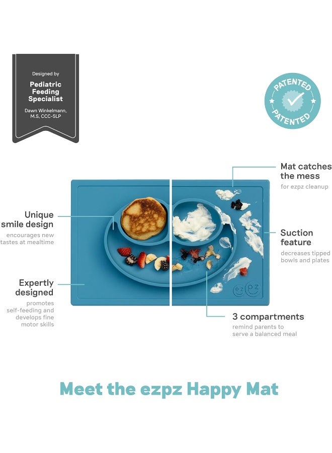 ezpz Happy Mat (Blue) New Version - 100% Silicone Suction Plate with Built-in Placemat for Toddlers + Preschoolers - Divided Plate - Dishwasher Safe - 24 Months+ - Image 2