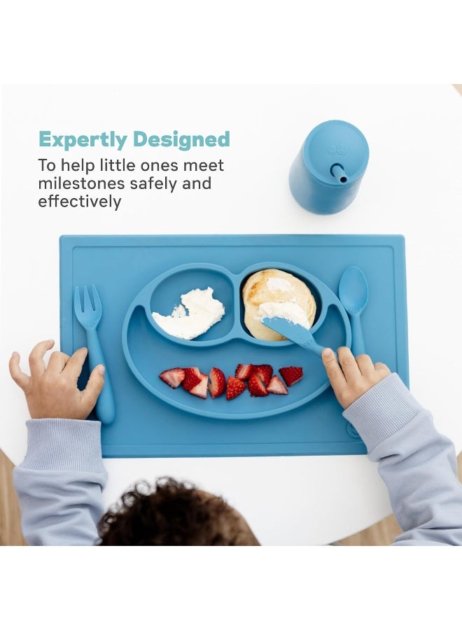 ezpz Happy Mat (Blue) New Version - 100% Silicone Suction Plate with Built-in Placemat for Toddlers + Preschoolers - Divided Plate - Dishwasher Safe - 24 Months+ - Image 3