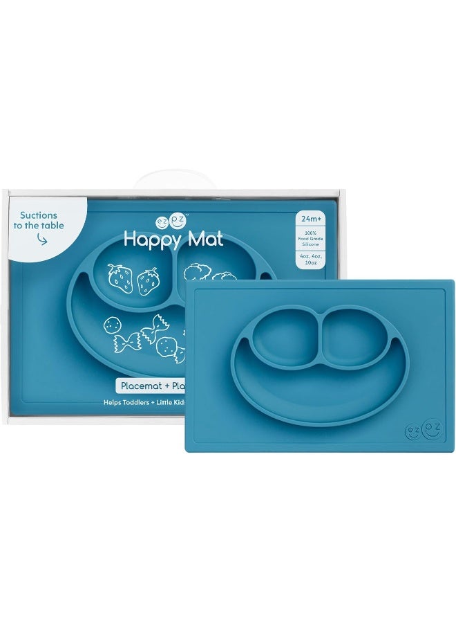 ezpz Happy Mat (Blue) New Version - 100% Silicone Suction Plate with Built-in Placemat for Toddlers + Preschoolers - Divided Plate - Dishwasher Safe - 24 Months+ - Image 1