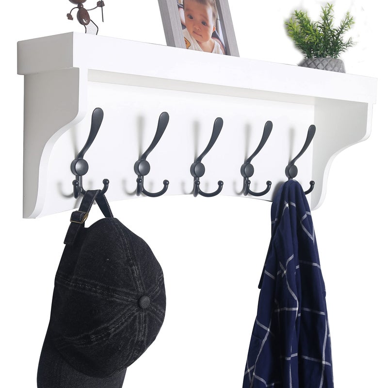 WEBI Wall Mounted Coat Rack with Shelf24 Long White Wall Shelf with Hooks UnderneathEntryway Coat Rack Wall Mount with Shelf5 Triple Hooks for Bathroom