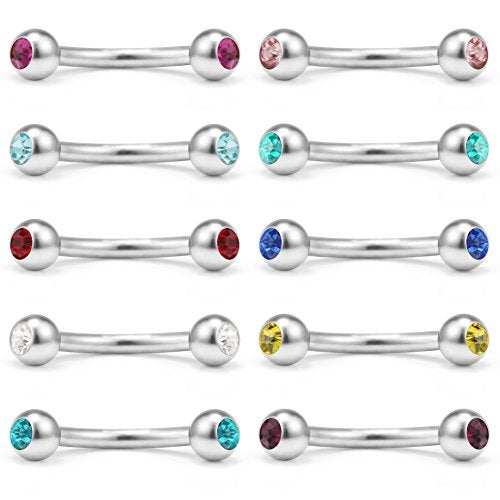 Ruifan Lot of 10 Mix Color Double Jeweled Diamond Eyebrow Piercing Jewelry Curved Barbell with Ball Kit Eyebrow Tragus Lip Ring 16g 16 gauge 8mm (Steel) - Image 4