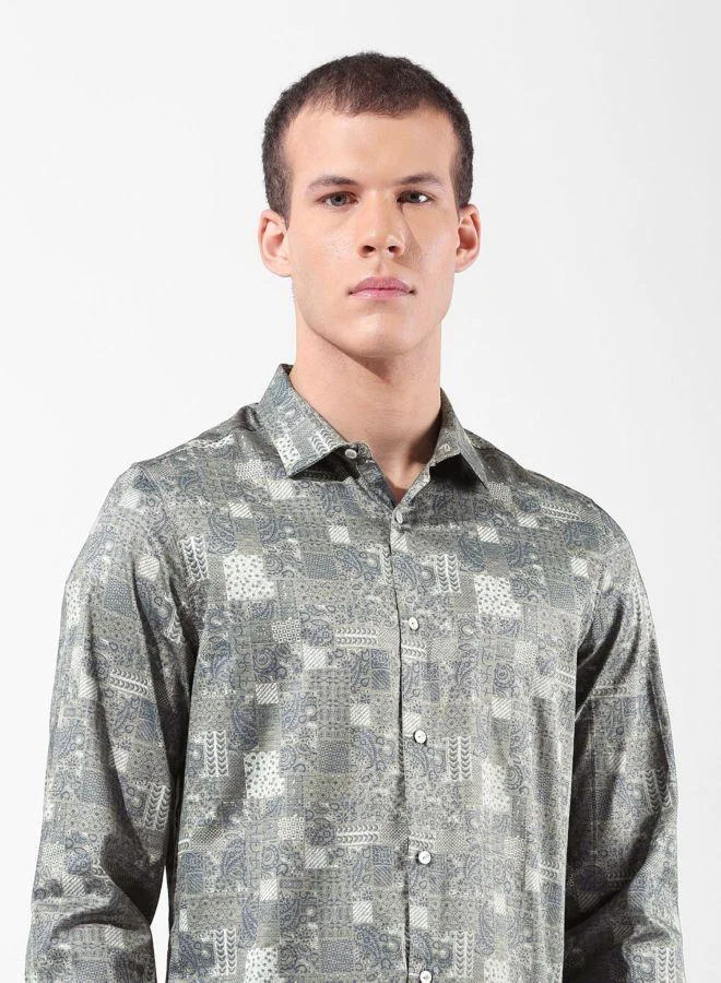 The Indian Garage Co Men Slim Fit Printed Cutaway Collar Full Sleeves Shirt