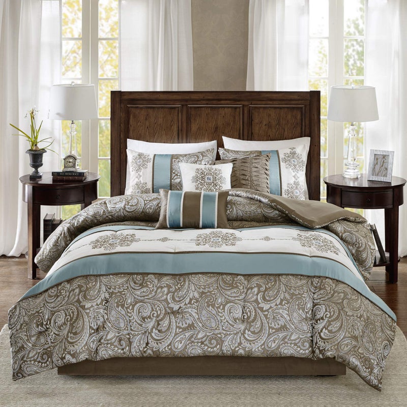 madison park Madison Park Comforter Faux SilkTraditional Luxurious Jacquard Design All Season Set Matching Bed Skirt Decorative Pillows King104x92 Blue 7 Piece 