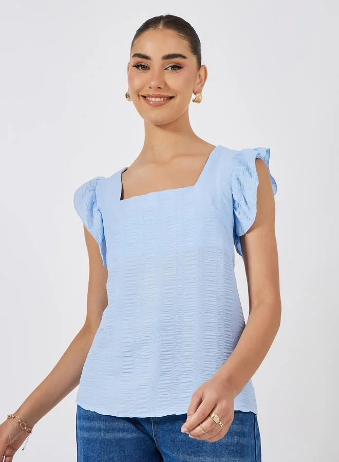 Styli Square Neck Woven Top with Flutter Sleeves