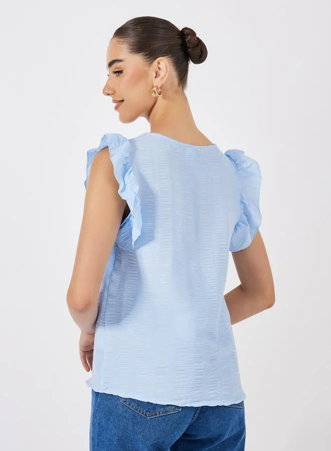 Styli Square Neck Woven Top with Flutter Sleeves