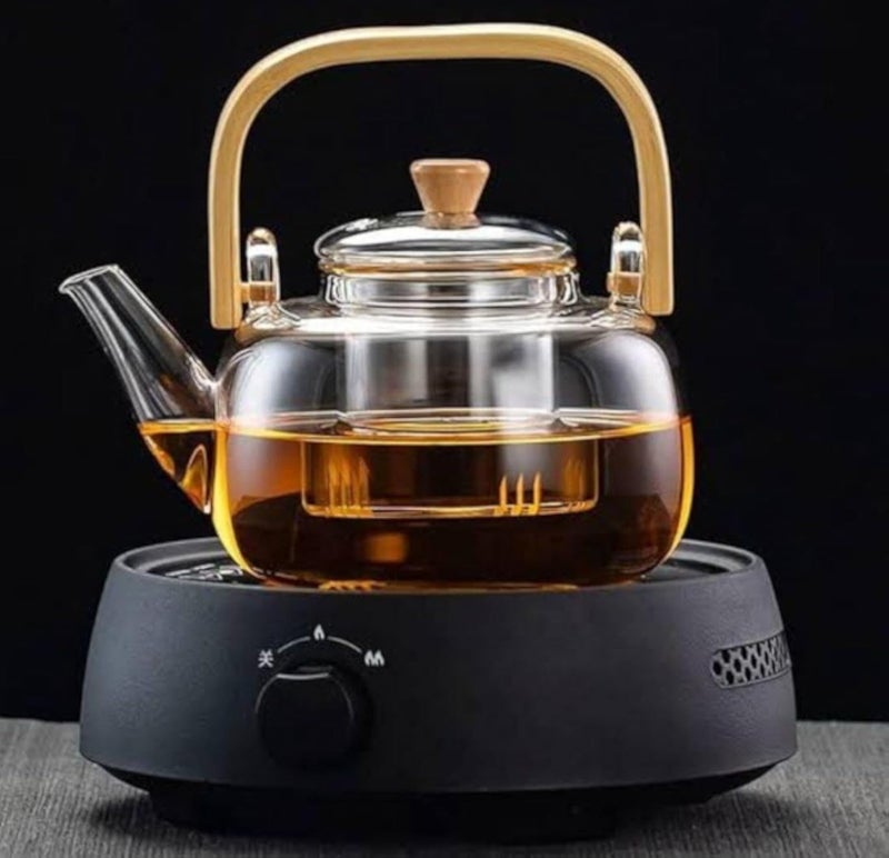 إبريق شاي زجاجي عادي بمقبض خشبي وفلتر، سعة 1200 مل، غلاية شاي من زجاج البوروسيليكات الشفاف مع مصفاة.mk