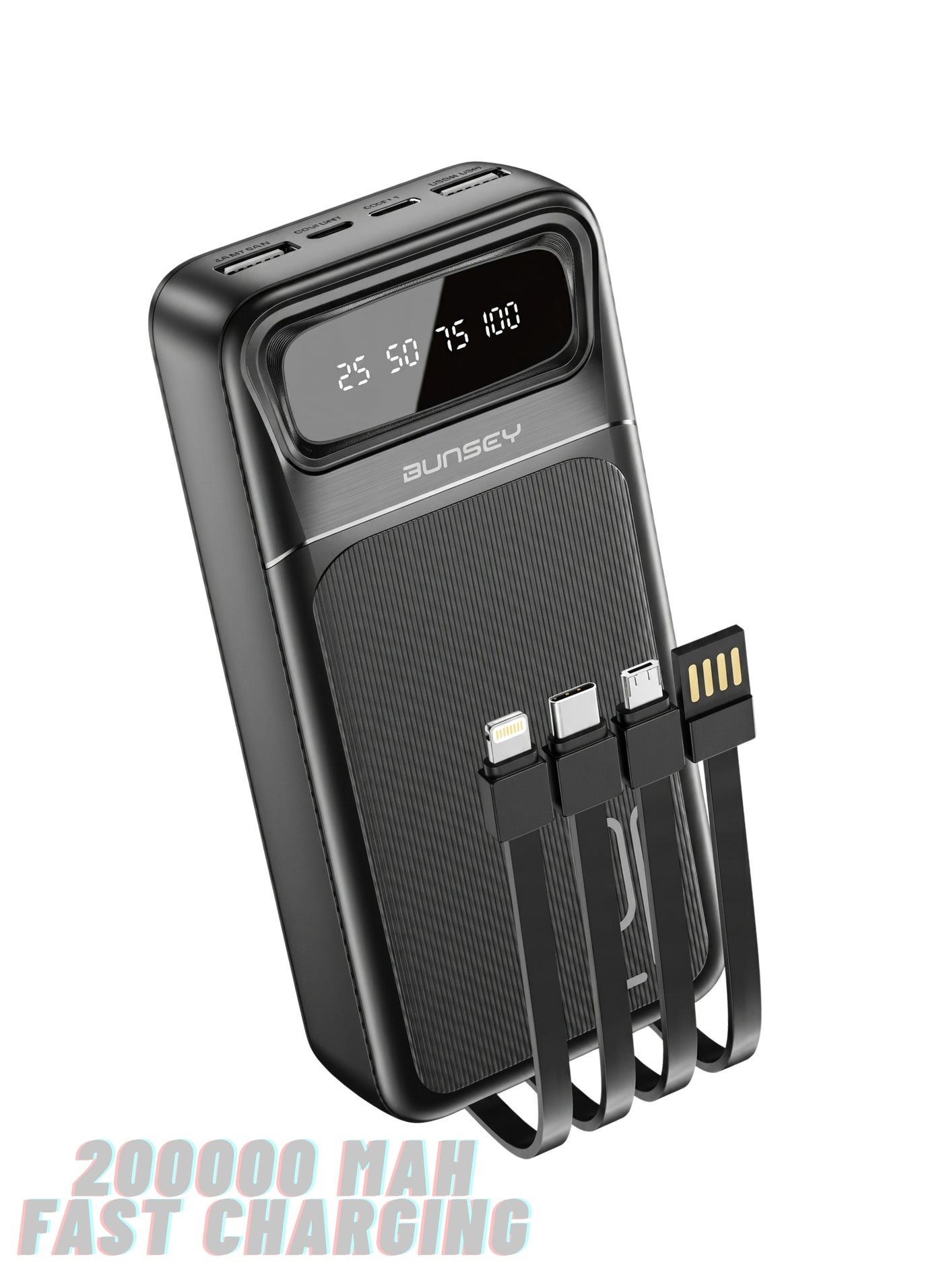 Bunsey Powerbank 20000mAh 22.5W Fast Charging with Built-in Type-C & Lightning Cables, LCD Battery Status Display, Power On Button, 2 USB Port + 2 PD Ports Total (7 Outputs, 2 Input) – Compatible with iPhone 17/16/15/14/13/12, Samsung S26/S25/S24/S23/S22, Xiaomi, Oppo, Vivo, Huawei – Black