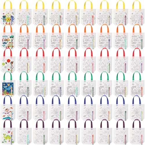Vincreem 54 Pcs Coloring Goodie Bags for Kids with 60 Pcs Colorful Markers Non Woven Color Your Own Reusable Party Favor Bags for Holiday Classroom DIY Crafts Supplies 6 Styles Boy Theme - Image 1