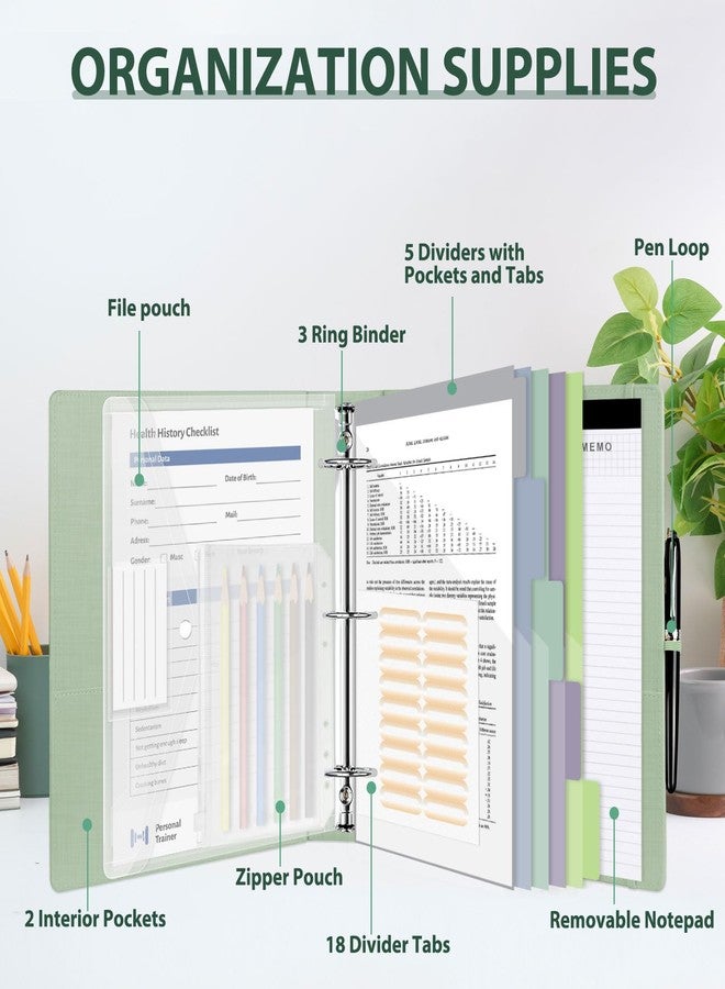 BVSSX 3 Ring Binder with Clipboard,2 Inch Binders with Notepad&5 Dividers with Pockets, Labels,PU Clipboards for School Office(Green Tulip,Letter Size) - Image 3