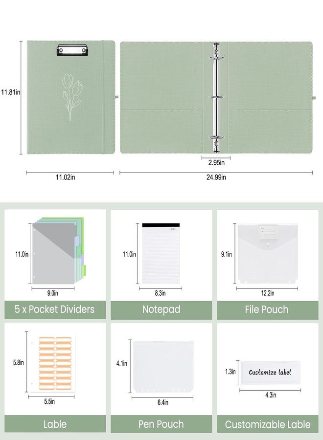 BVSSX 3 Ring Binder with Clipboard,2 Inch Binders with Notepad&5 Dividers with Pockets, Labels,PU Clipboards for School Office(Green Tulip,Letter Size) - Image 4
