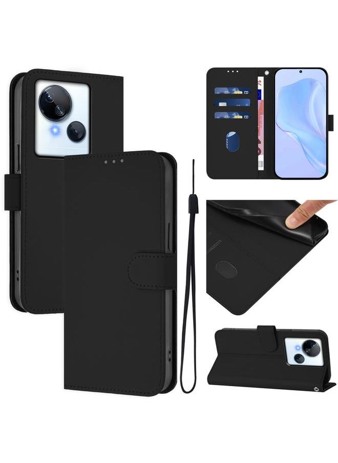erorex For Tecno Spark 10 5G Skin Feel Solid Color Leather Phone Case with Lanyard(Black) 