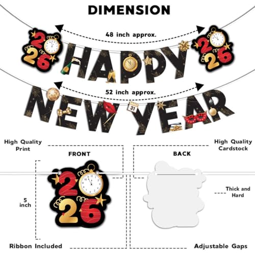 Festiko® Happy New Year Banner, Happy New Year Party Banner, New Years Party Decorations, New Years Eve Party Supplies - Image 2