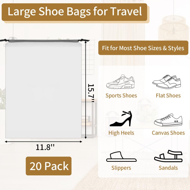 Coidea 20 Pack Shoe Bags for Travel, 15.7" x 11.8" Clear Travel Shoe Bags for Packing, Large Waterproof Portable Drawstring Travel Shoe Storage Bag Travel Essentials Women for and Men - Image 2