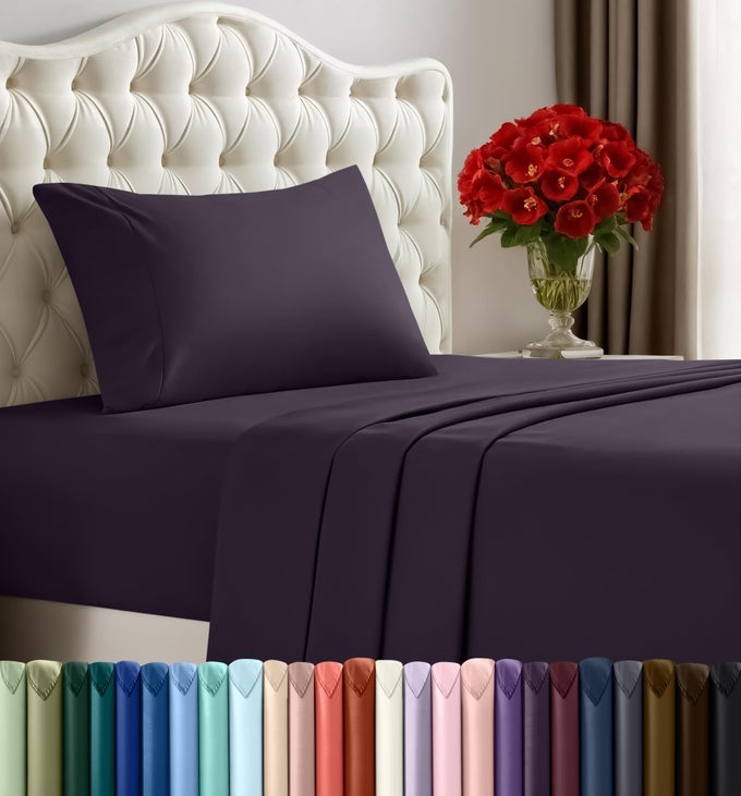 TWIN SHEET SET 3 PIECE BED SHEETS FOR TWIN SIZE BED SOFT AND BREATHABLE MICROFIBER INCLUDES 1 FITTED SHEET 1 FLAT SHEET AND 1 PILLOWCASE DARK PURPLE