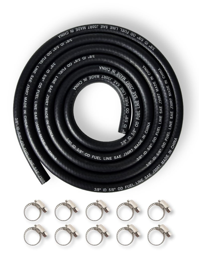 YAMAKATO Fuel Line Hose 3/8 inch Gas Line Hose Rubber NBR SAE 30R7 6FT for Automotives Boat Generators w/ 10 Clamps - Image 1