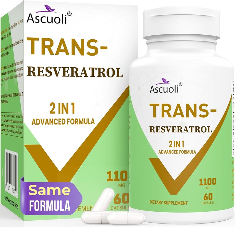 Ascuoli 99 Ultra Purity TransResveratrol 1100mg 3in1 Advanced Formula Organic Resveratrol Supplement Max Antioxidant AntiAging Skin Health Cell Repair Boost NAD Immune  Energy 60 Caps - Image 1