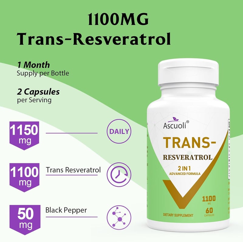 Ascuoli 99 Ultra Purity TransResveratrol 1100mg 3in1 Advanced Formula Organic Resveratrol Supplement Max Antioxidant AntiAging Skin Health Cell Repair Boost NAD Immune  Energy 60 Caps - Image 3