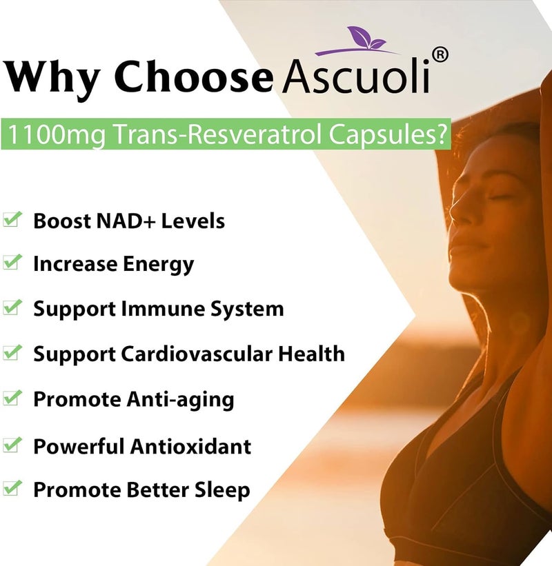 Ascuoli 99 Ultra Purity TransResveratrol 1100mg 3in1 Advanced Formula Organic Resveratrol Supplement Max Antioxidant AntiAging Skin Health Cell Repair Boost NAD Immune  Energy 60 Caps - Image 5