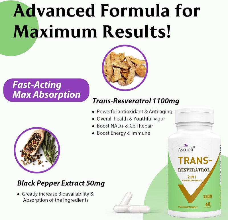 Ascuoli 99 Ultra Purity TransResveratrol 1100mg 3in1 Advanced Formula Organic Resveratrol Supplement Max Antioxidant AntiAging Skin Health Cell Repair Boost NAD Immune  Energy 60 Caps - Image 4