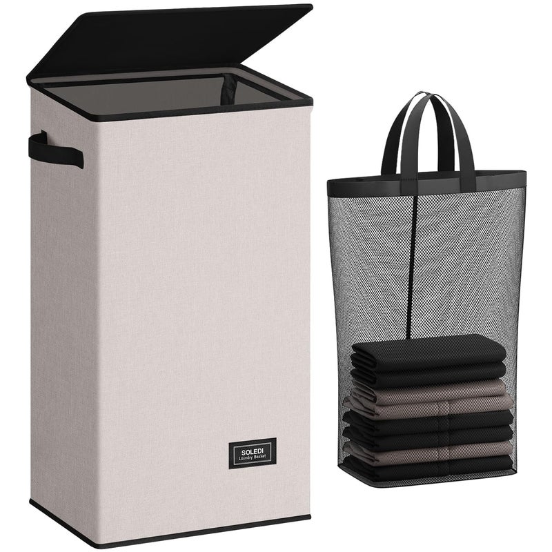 SOLEDI Laundry Hamper with Lid 100L Large & Tall Collapsible Laundry Basket, Clothes Hamper with Bag Removable Easy to Carry, Dirty Hampers for Bedroom, Bathroom, Dorm, College,Light taupe - Image 1