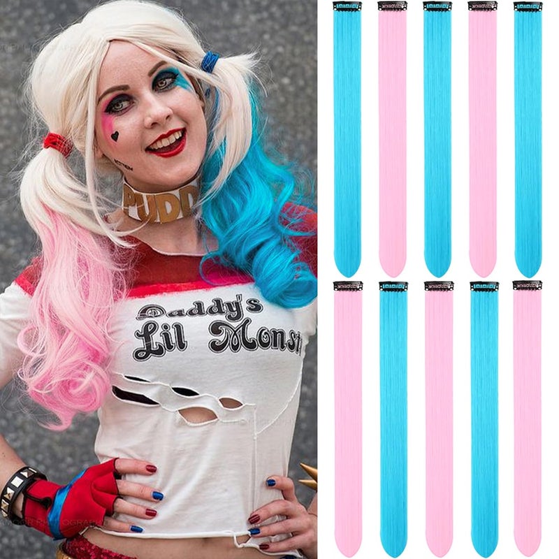 22 Inch Colored Hair Extensions 10 PCS Colorful Party Highlights Clip in Synthetic Hair Extensions Sky BlueLight Pink Hairpieces for Girls Women Kids Doll Party Cosplay Gifts