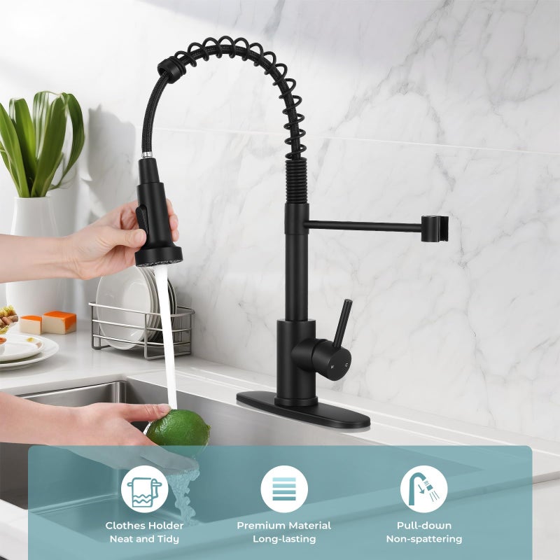 KHQF Kitchen Faucet with Pull Down Sprayer,Commercial Single Handle Stainless Steel Kitchen Faucets with Deck Plate (Matte Black) - Image 4