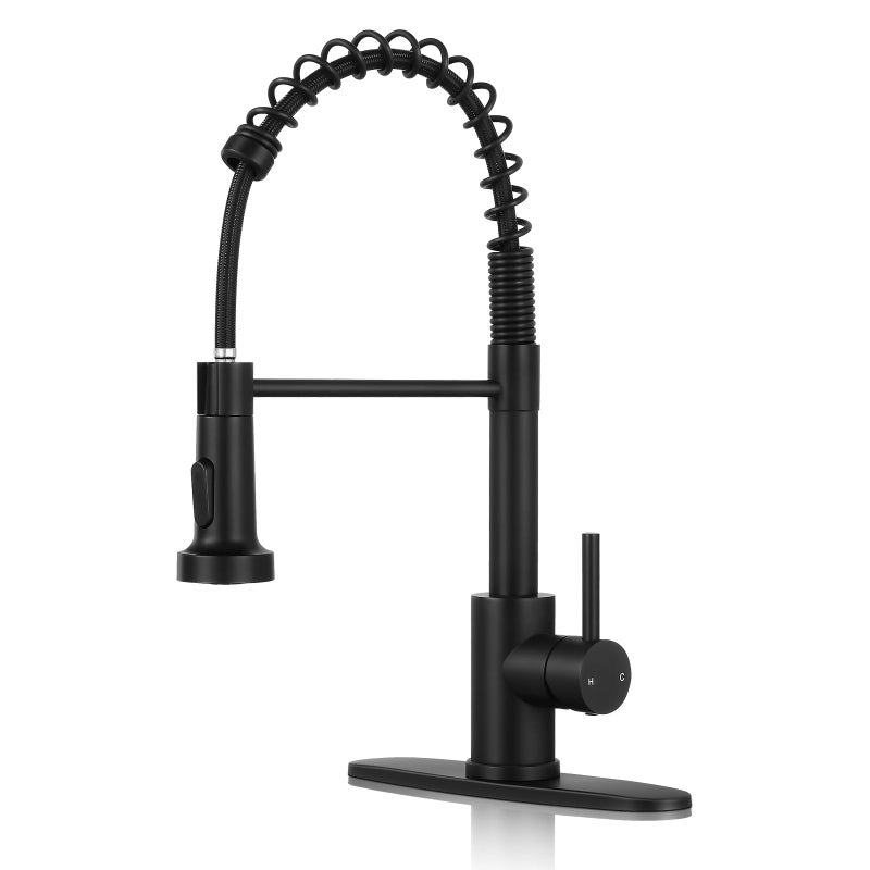 KHQF Kitchen Faucet with Pull Down Sprayer,Commercial Single Handle Stainless Steel Kitchen Faucets with Deck Plate (Matte Black) - Image 1