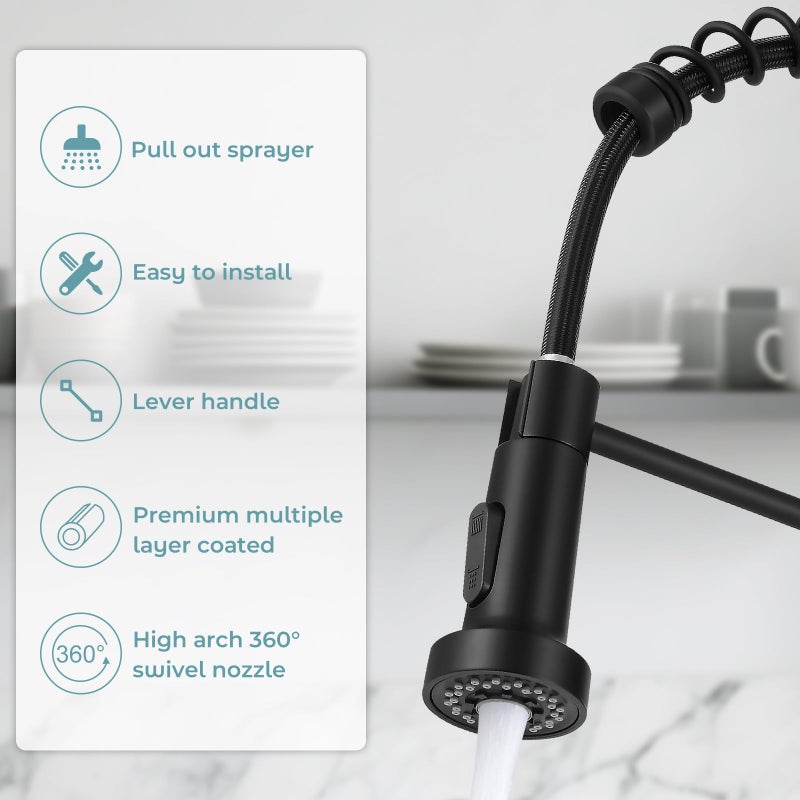 KHQF Kitchen Faucet with Pull Down Sprayer,Commercial Single Handle Stainless Steel Kitchen Faucets with Deck Plate (Matte Black) - Image 3