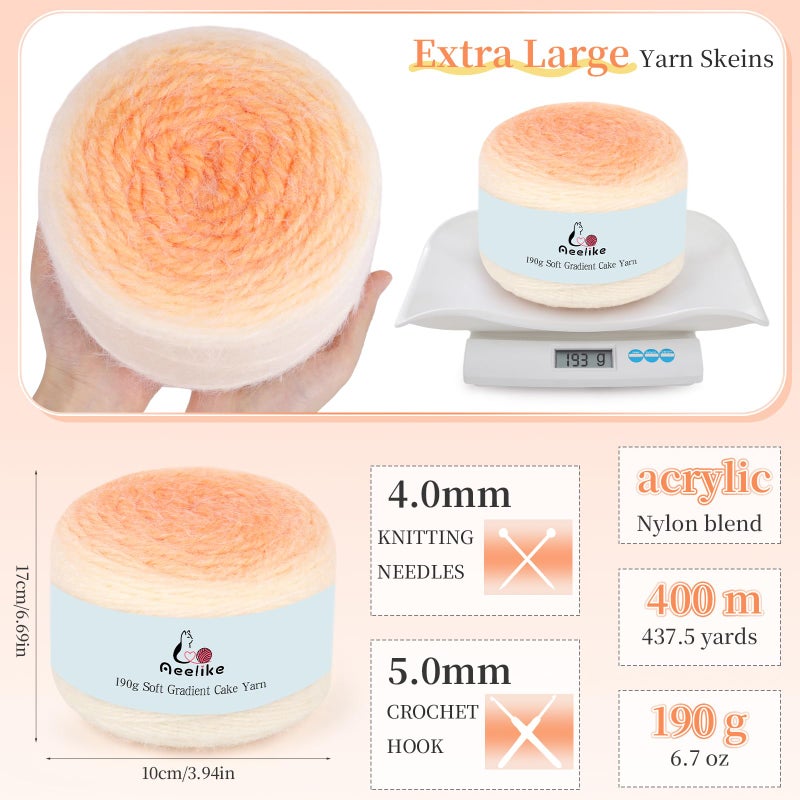 Aeelike Yarn for Crocheting, 4 Super Soft Gradient Yarn 190g (6.7 oz) 400m (437.5 Yards) Extra Large Rainbow Yarns Skeins for DIY Making Colorful Blanket Scarves Hat, Sunshine Orange - Image 3