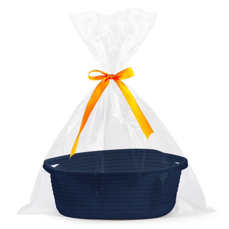 Pro Goleem Small Woven Basket with Gift Bags and Ribbons Durable Baskets for Gifts Empty Small Rope Basket for Storage 12"X 8" X 5" Baby Toy Baskets with Handles, Navy Blue - Image 1