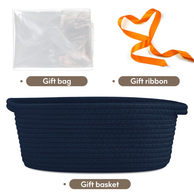 Pro Goleem Small Woven Basket with Gift Bags and Ribbons Durable Baskets for Gifts Empty Small Rope Basket for Storage 12"X 8" X 5" Baby Toy Baskets with Handles, Navy Blue - Image 4