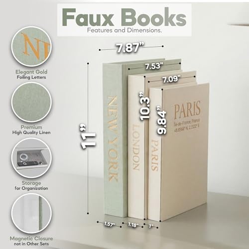 AMINALUX Faux Book Storage Box Set of 3GreenBeigeBeigeDecorative Faux Books with Hidden Storage for Coffee Table Decor Bookshelf or MantleLinen Decorative BoxesAesthetic Book Decor for Home - Image 3