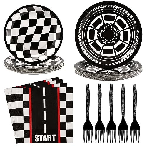 Grencian 96Pcs Race Car Party Decorations Race Car Plates and Napkinks Set Disposable Racing Paper Tableware for Boys Kids Baby Shower Racing Theme Birthday Party Supplies Serve 24