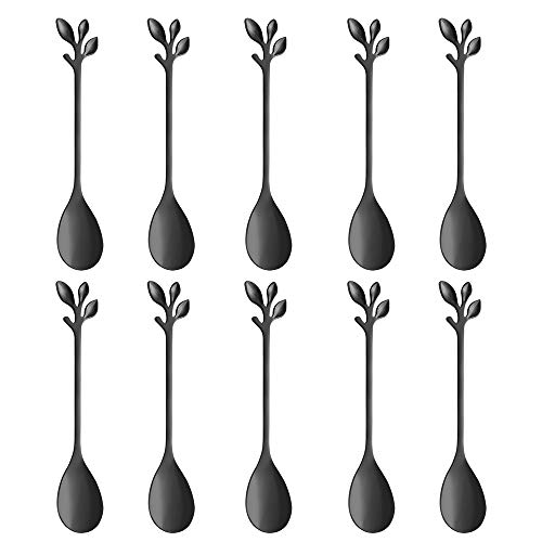 AnSaw Elegant Black Leaf Coffee Spoons - 10-Piece, 4.7" Mini Stainless Steel Espresso & Dessert Tea Spoons, Perfect for Demitasse & Small Servings - Image 1