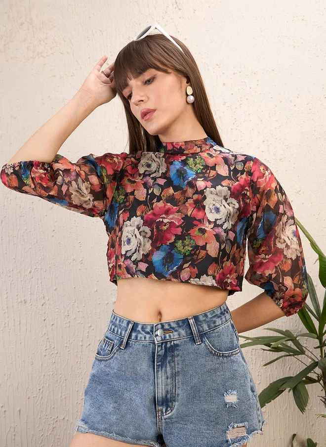Floral Print Puff Sleeve Boxy Crop Top for Women