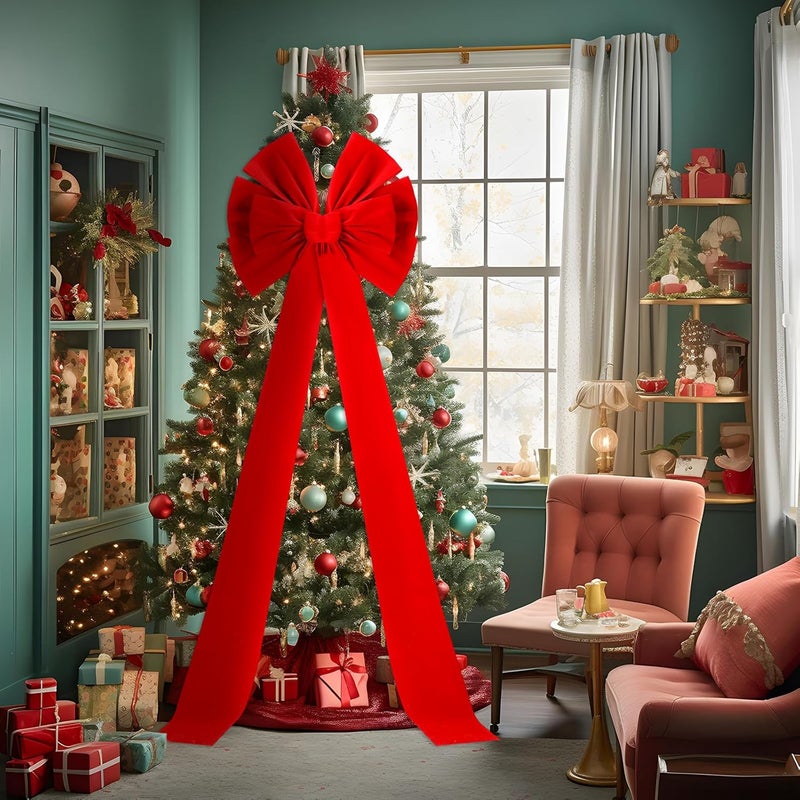 Hungdao Extra Large Christmas Tree Topper Bows 70.9 x 19.7 Inch Giant Oversized Huge Christmas Velvet Decorative Bows with Long Streamers for Tree Front Door Patio Outdoor Decor(Classic,Red) - Image 3