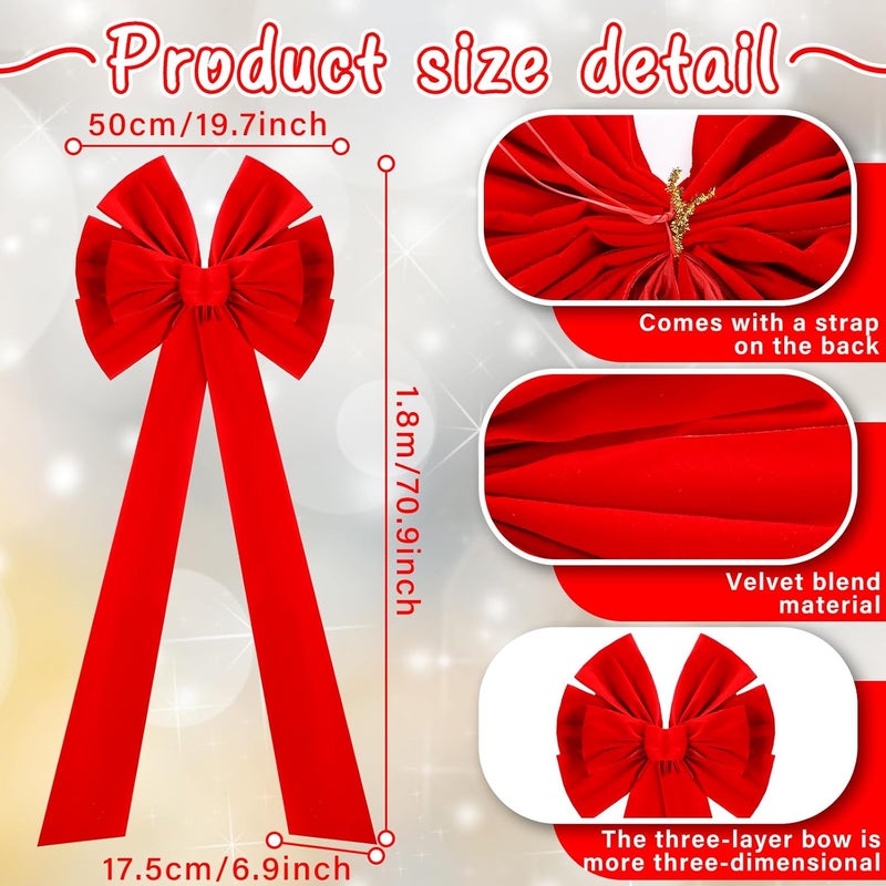 Hungdao Extra Large Christmas Tree Topper Bows 70.9 x 19.7 Inch Giant Oversized Huge Christmas Velvet Decorative Bows with Long Streamers for Tree Front Door Patio Outdoor Decor(Classic,Red) - Image 2