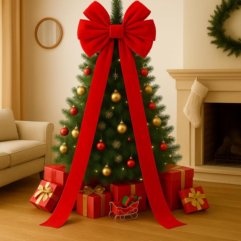 Hungdao Extra Large Christmas Tree Topper Bows 70.9 x 19.7 Inch Giant Oversized Huge Christmas Velvet Decorative Bows with Long Streamers for Tree Front Door Patio Outdoor Decor(Classic,Red) - Image 1