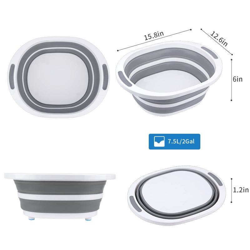 Craftend حوض غسيل قابل للطي سعة 7.5 لتر من البلاستيك حوض أطباق لوح تقطيع قابل للطي حوض طعام محمول للشواء والنزهات والتخييم سلة لغسل الأطباق توفير المساحة رمادي - Image 3