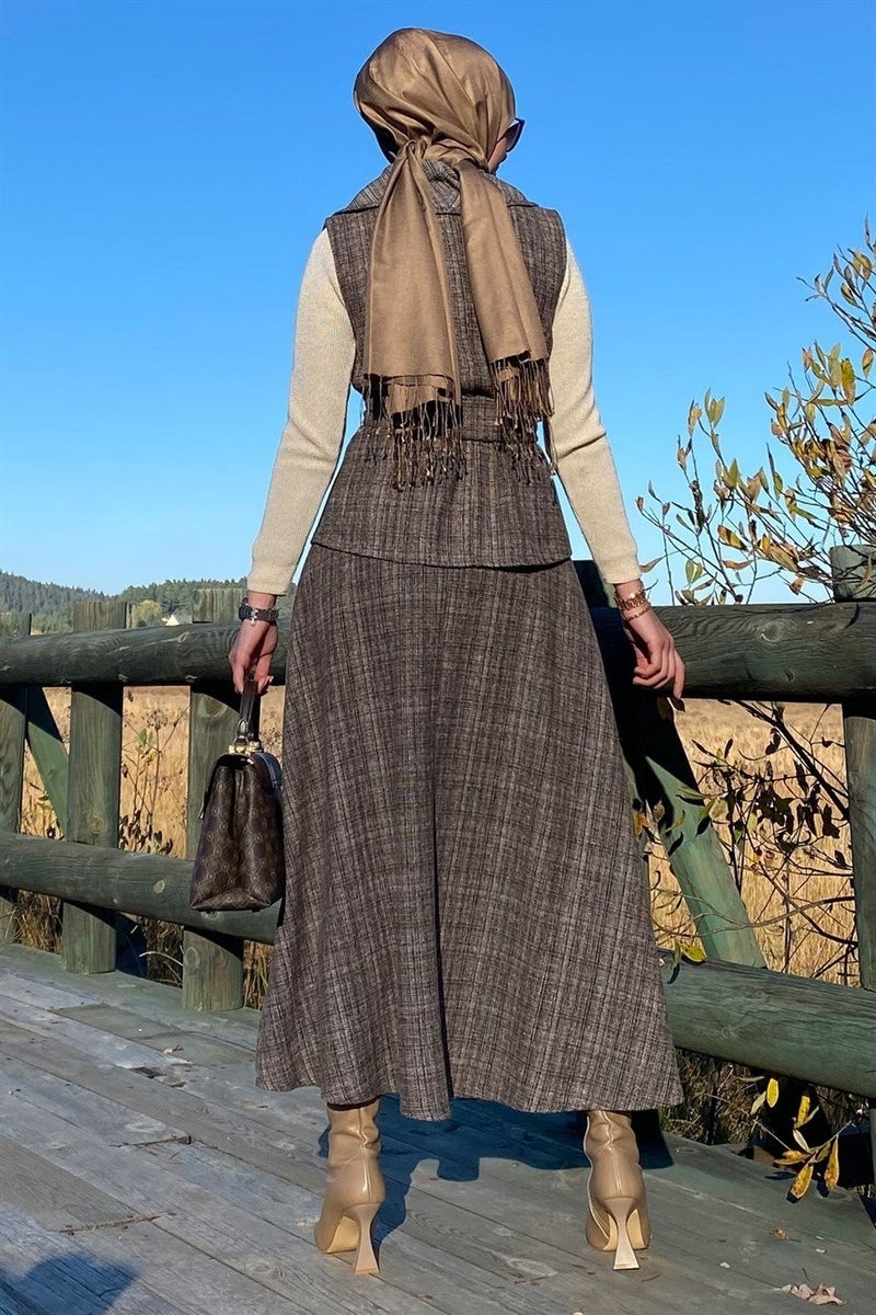 Rabia Şamlı Azize Skirt Vest Set Brown - Image 5