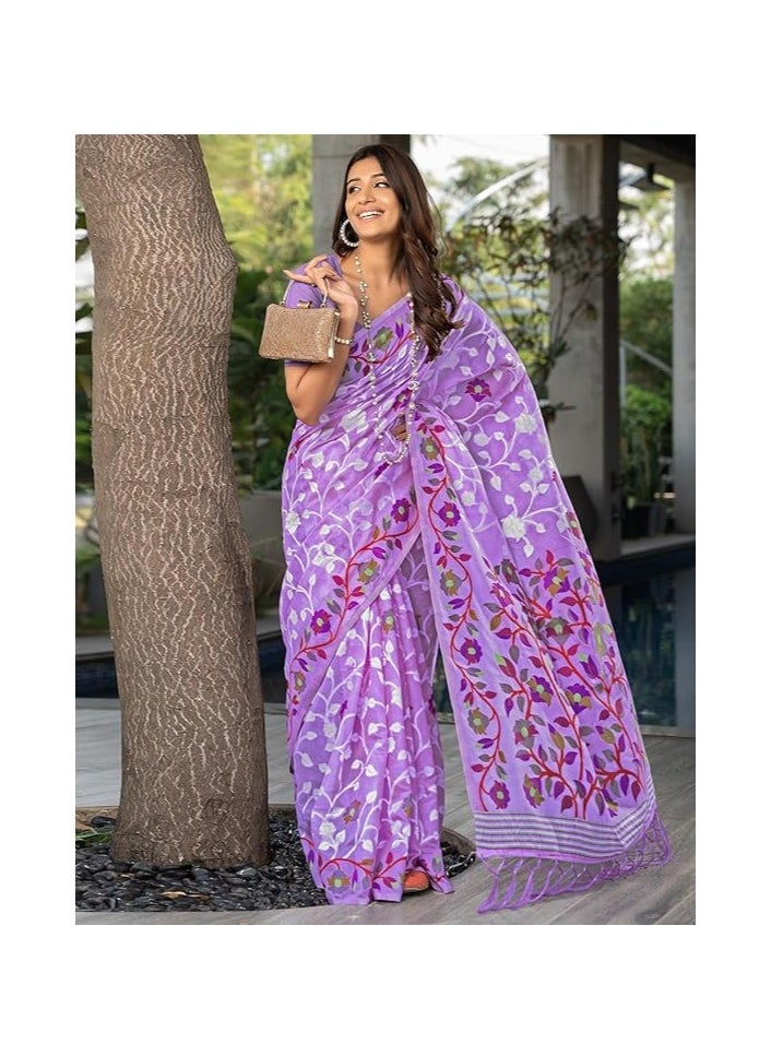 Women's Cotton Jacquard Saree With Unstitched Blouse Piece