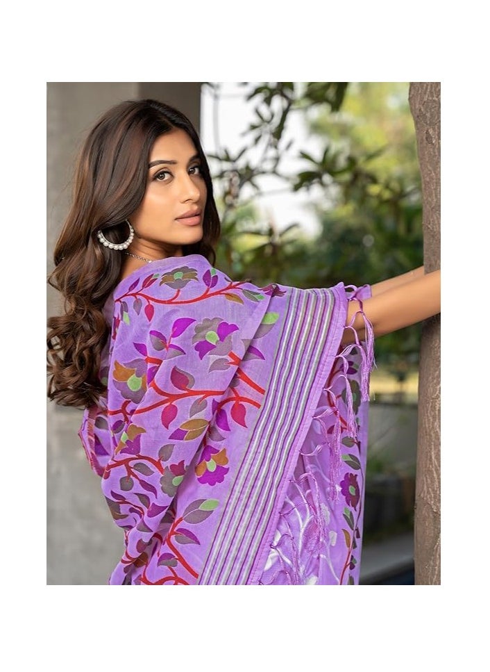 Women's Cotton Jacquard Saree With Unstitched Blouse Piece