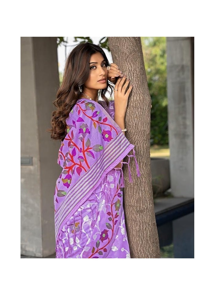 Women's Cotton Jacquard Saree With Unstitched Blouse Piece