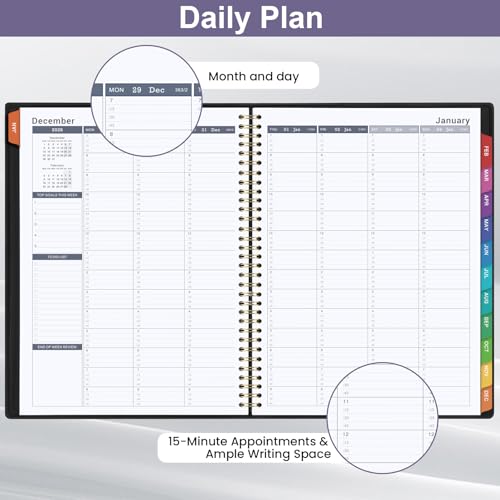 Artfan 2026 Appointment Book & Planner - 2026 Daily Hourly Planner, JAN 2026 - DEC 2026, 8.5" x 11", 2026 Weekly Appointment Book, 2026 Planners with 15-Minute Interval, Leather Cover, Colorful Tabs - Black - Image 4