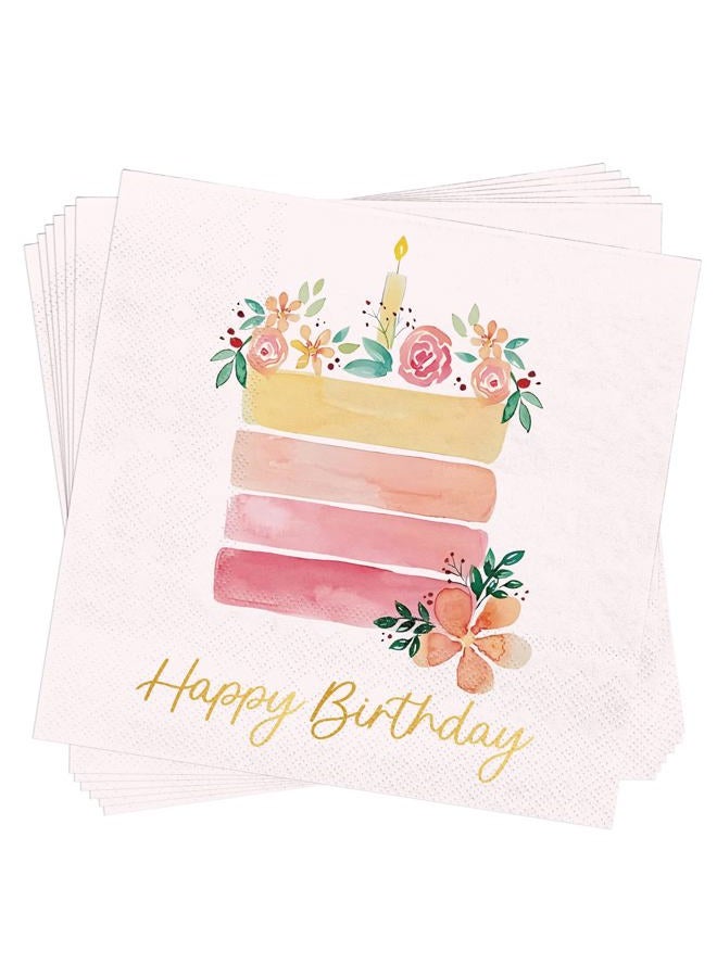 JarThenaAMCS 100Pcs Happy Birthday Cocktail Napkins Floral Birthday Cake Disposable Paper Napkins Light Pink Beverage Napkins for Women Birthday Party Supplies - Image 1