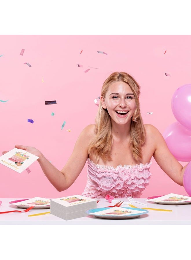 JarThenaAMCS 100Pcs Happy Birthday Cocktail Napkins Floral Birthday Cake Disposable Paper Napkins Light Pink Beverage Napkins for Women Birthday Party Supplies - Image 5