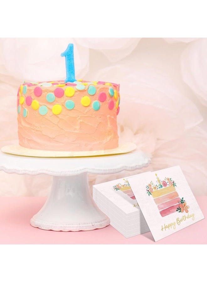 JarThenaAMCS 100Pcs Happy Birthday Cocktail Napkins Floral Birthday Cake Disposable Paper Napkins Light Pink Beverage Napkins for Women Birthday Party Supplies - Image 4