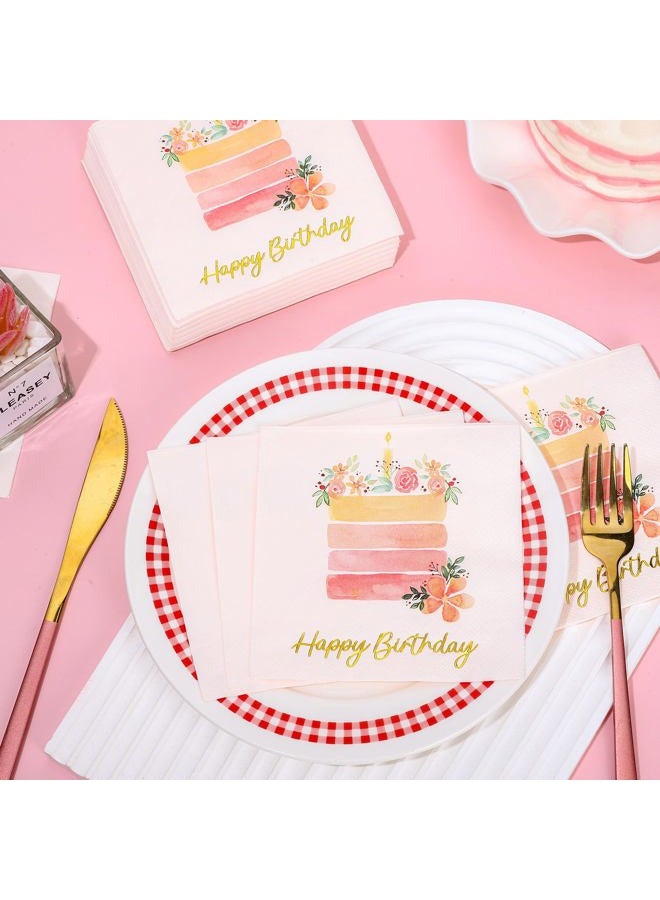 JarThenaAMCS 100Pcs Happy Birthday Cocktail Napkins Floral Birthday Cake Disposable Paper Napkins Light Pink Beverage Napkins for Women Birthday Party Supplies - Image 3