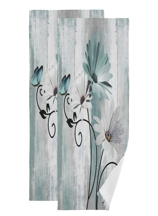 AIYOOLER Hand Towels for Bathroom Set of 2 Farm Teal White Daisy Floral Flowers Butterfly on Country Wooden Soft Absorbent Small Bath Towels Decorative Kitchen Guest Dish Towel for Spa,Hotel 28x14in - Image 1